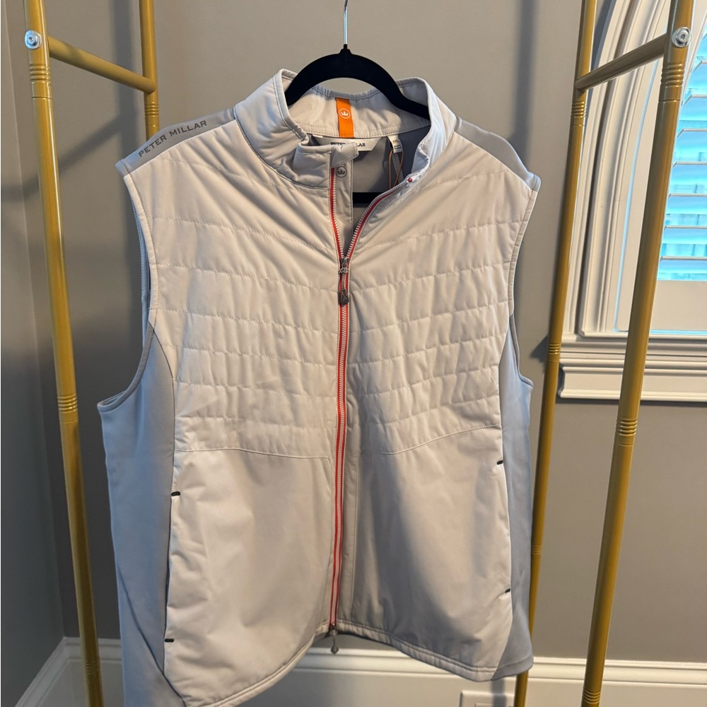 NWT Peter Millar Gray Quilted Vest with stretch wick sides & orange trim